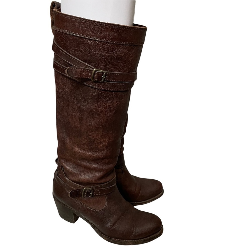 Frye Jane Strappy Dark Brown Knee High Heeled Boots Size 6.5 - Picture 3 of 16